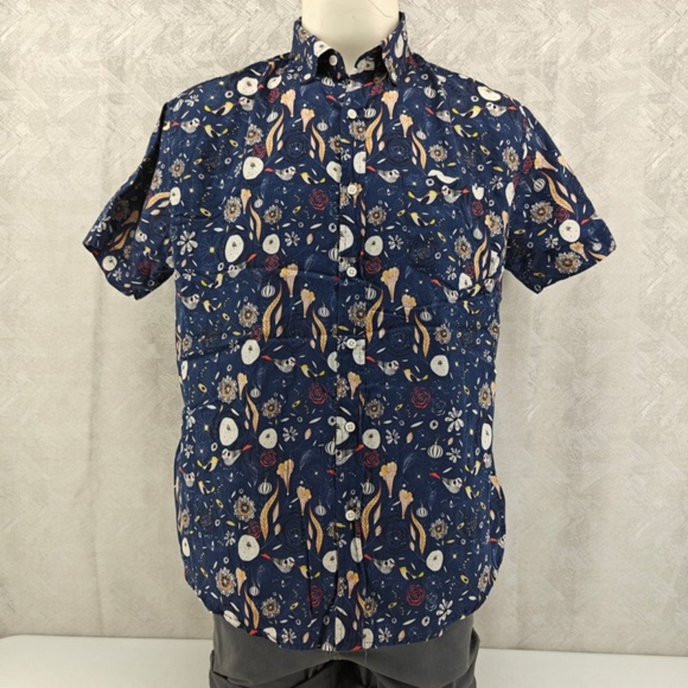 32 Bar‎ Blues Shirt Mens Large Navy Bird Feather Floral Short Sleeve Button Down